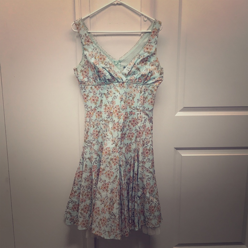 Floral Sky Blue Midi-Dress w/ Bead & Tulle Trim